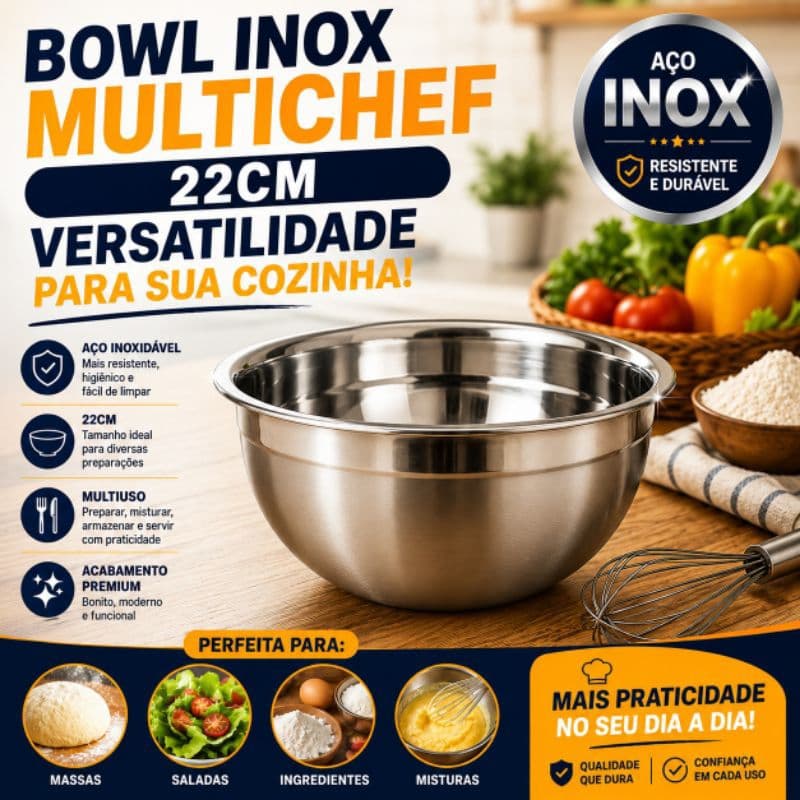 Tigela Bowl Inox 22cm Multiuso para Cozinha Massas Saladas e Preparo