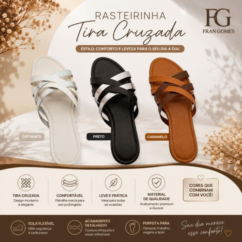 Sandália Chinela Rasteirinha Feminina Tiras Cruzada Leve – Conforto e Elegância - Rasteirinha Moda Feminina.