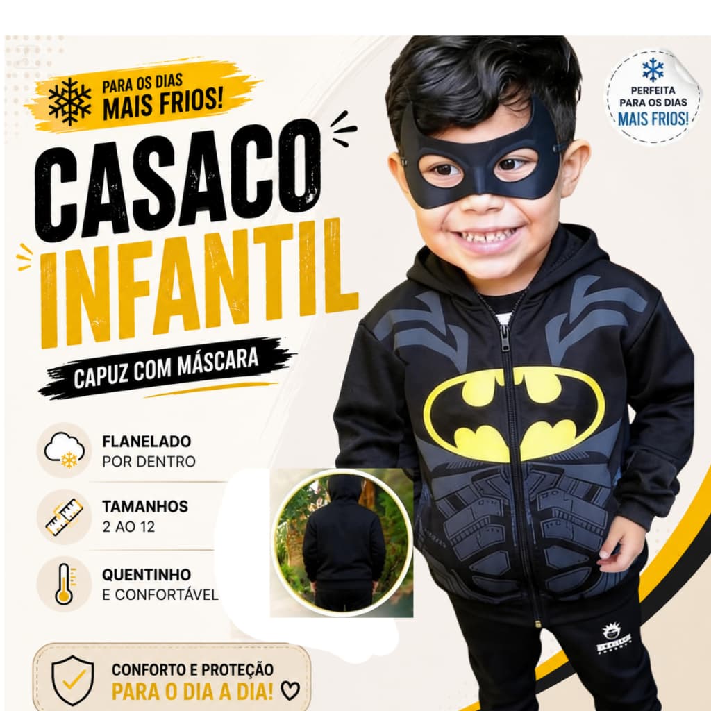 Casaco Infantil Batman com Capuz Máscara | Blusa de Frio Menino