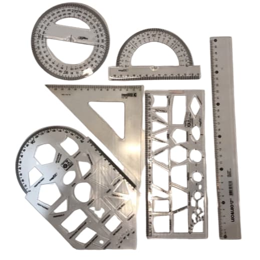 Kit Geométrico LEO&LEO 6 Peças Cristal | Régua 30cm Esquadro Gabaritos Transferidores | Papelaria