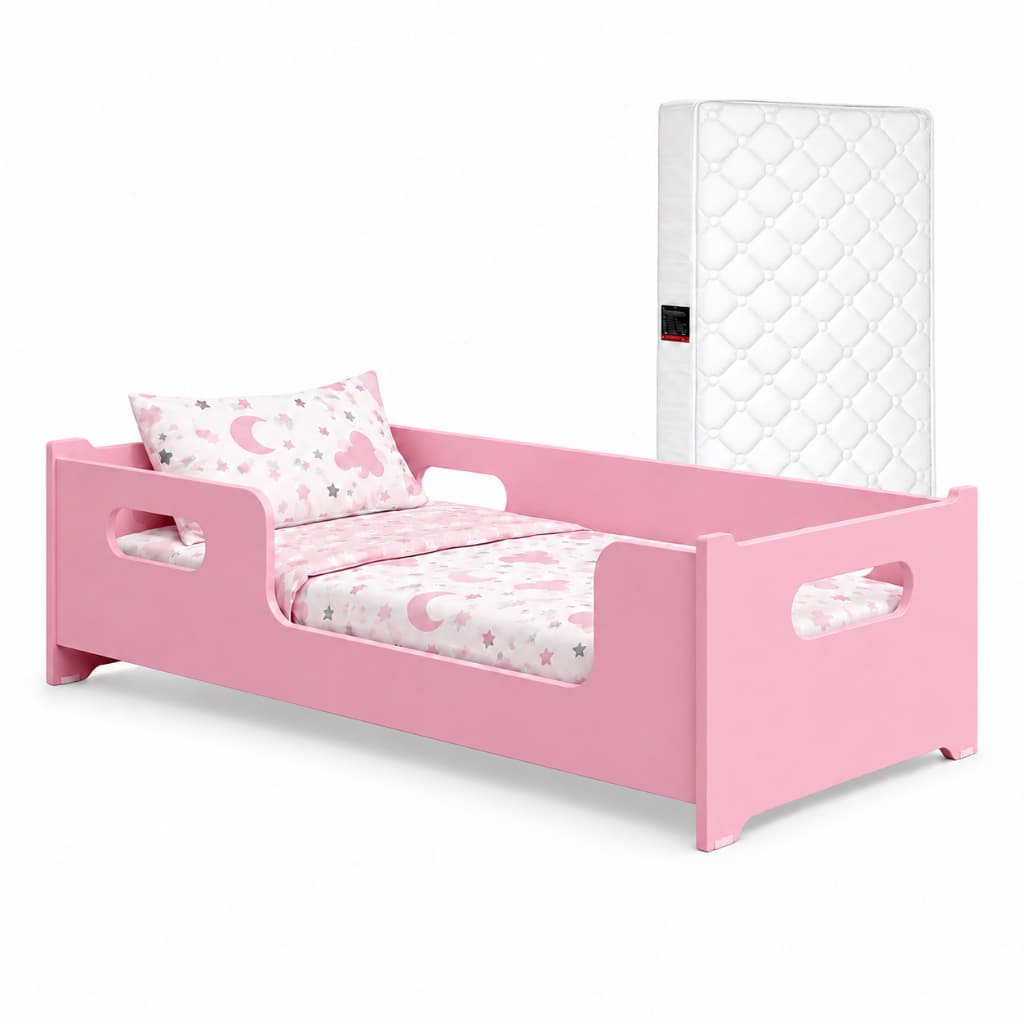 Cama Infantil Montessoriana Branco Rosa Colchão Incluso MDF Quarto Menino Menina com Grade de Proteção