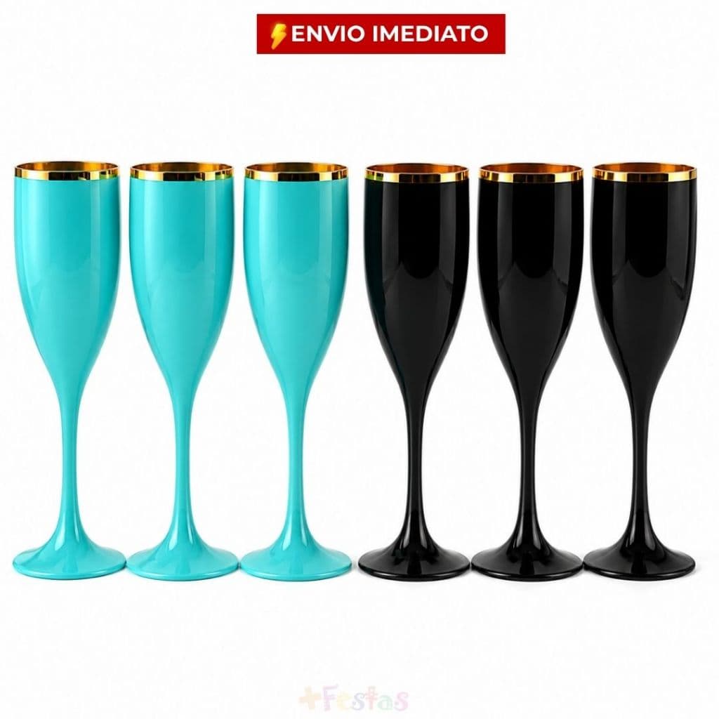 Kit 2/4/6/10 Taça Champanhe Plástica Acrílico Resistente Borda Dourada Evento Formatura Casamento