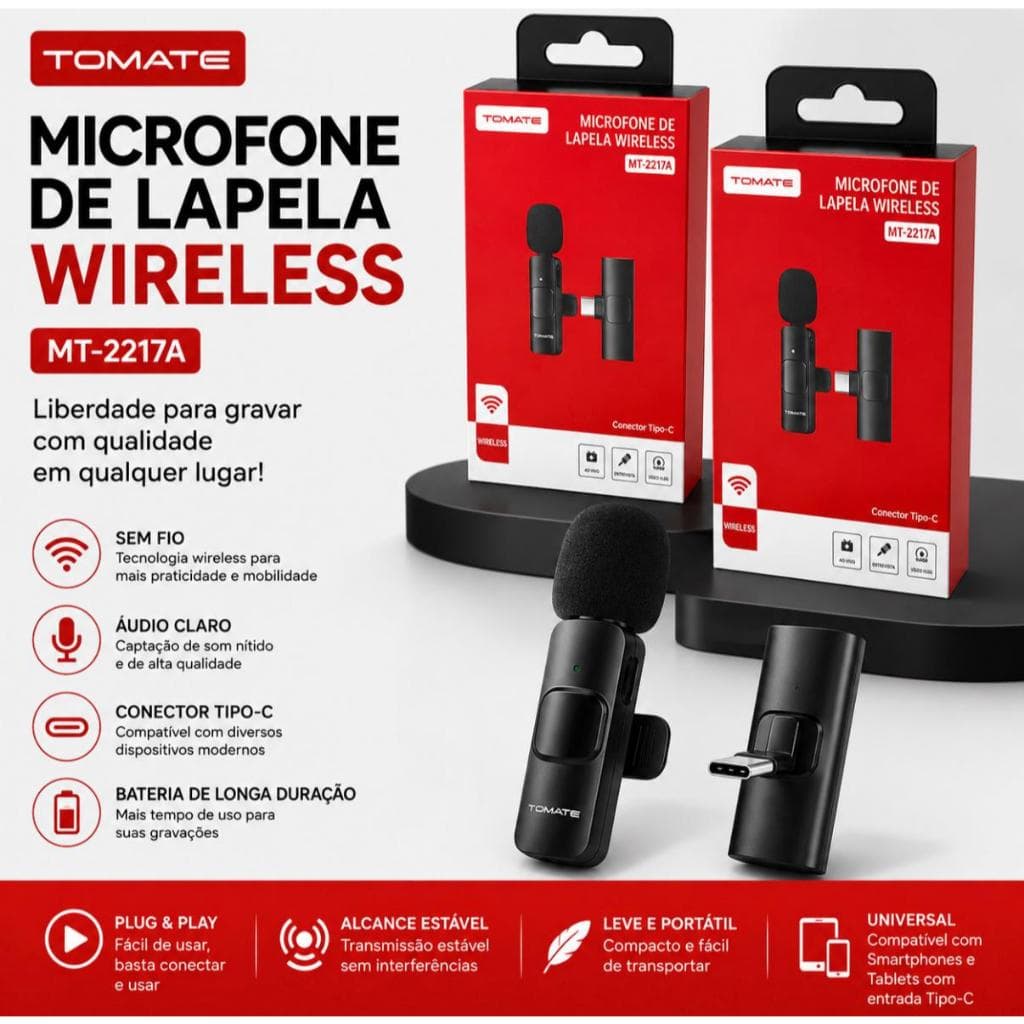 Microfone Lapela Sem Fio Tipo-C Tomate MT-2217A Wireless Celular