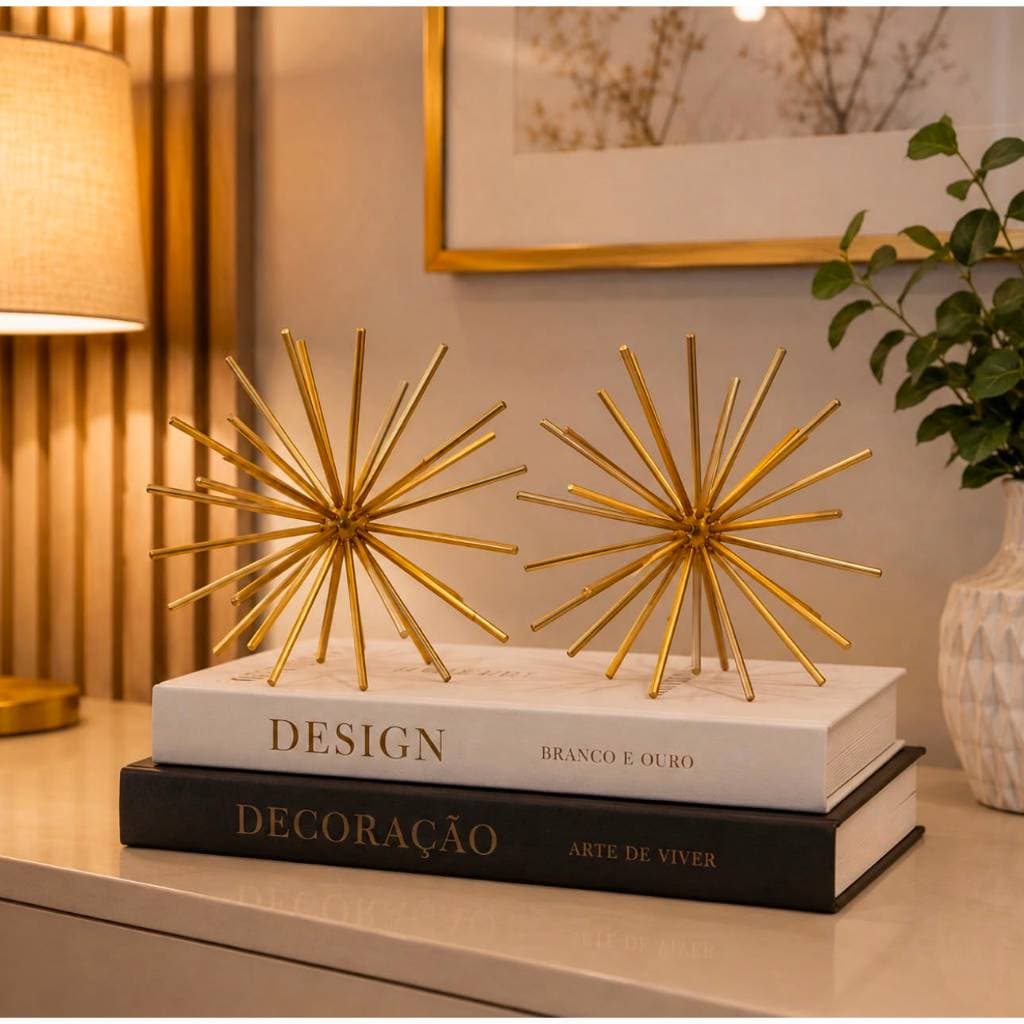 Kit 2 Ouriços Decorativo Dourado Adorno Modelo Minimalista Sala Ambiente