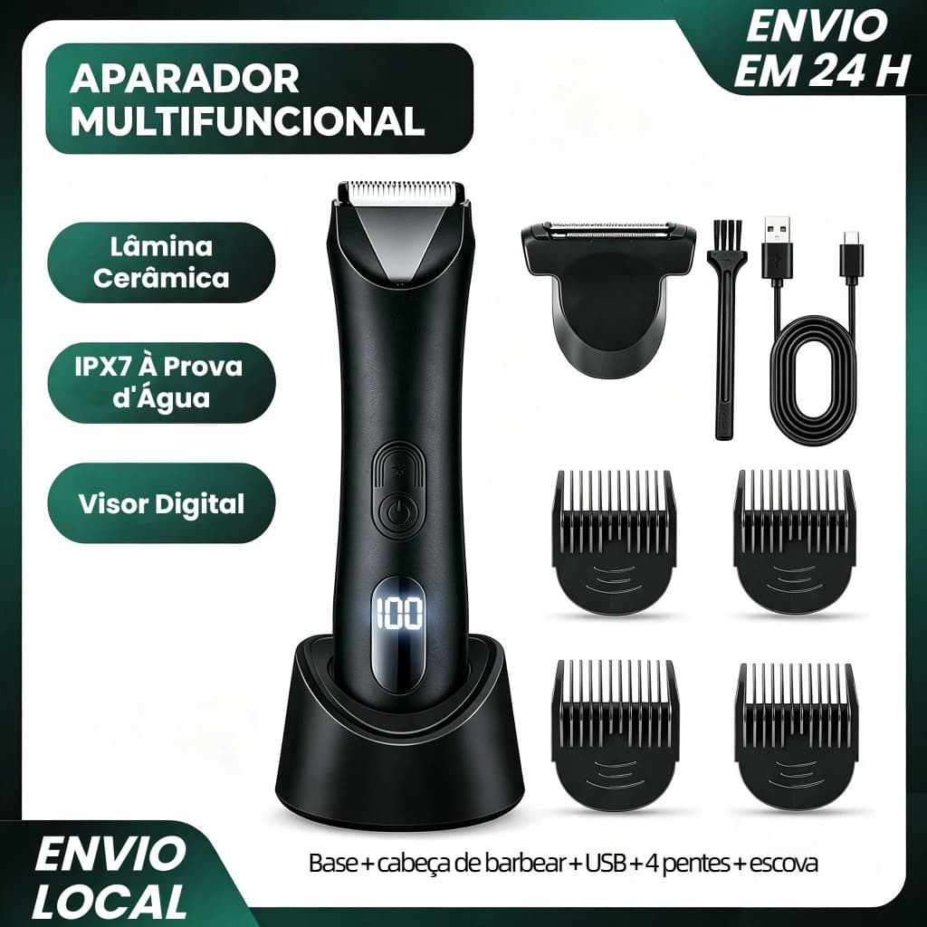 Aparador de Pelos Masculino Barbeador Elétrico Sem Fio IPX7 com Display LED, Base e Pentes Guia
