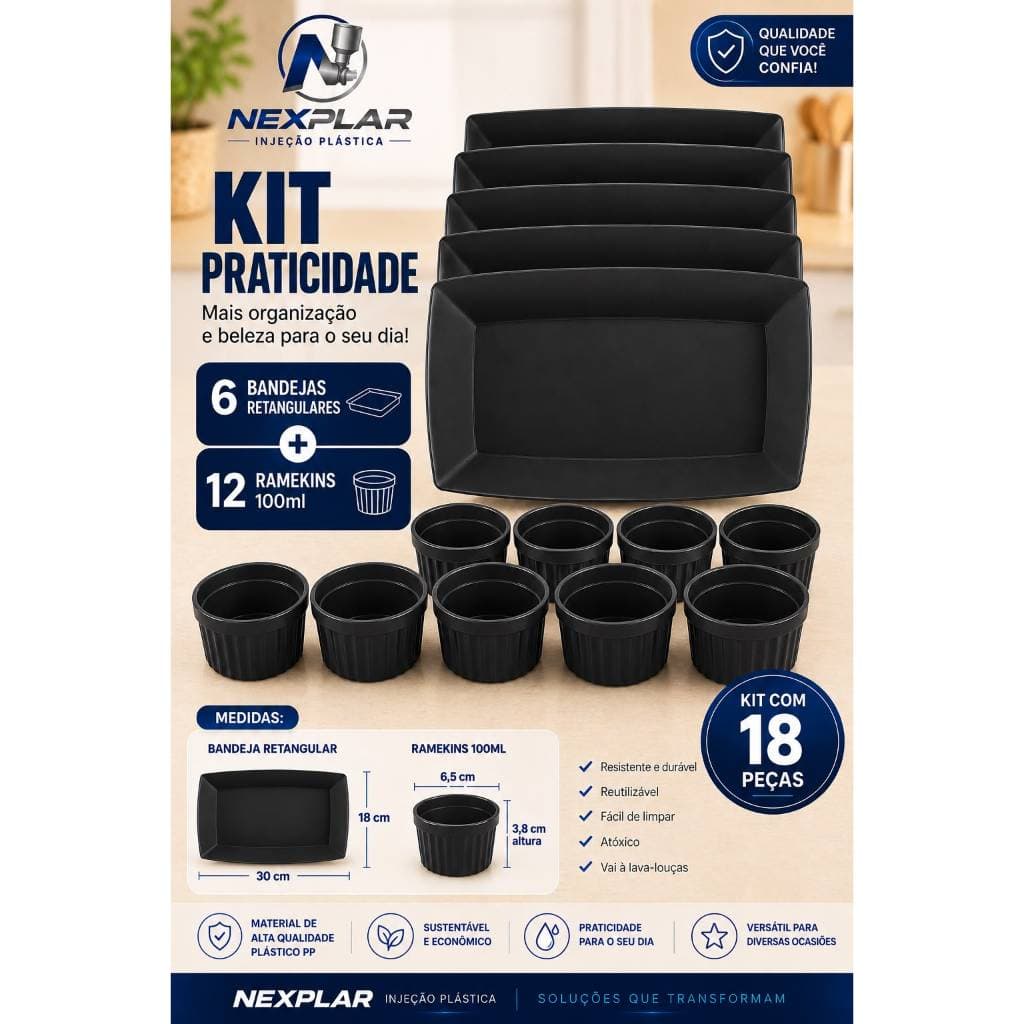 KIT 18 PEÇAS 6 BANDEJAS 12 RAMEKINS PRETOS PLÁSTICO PARA PETISCOS LANCHES PORÇÕES ESPETINHO BUFFET REUTILIZÁVEL MOLHOS T