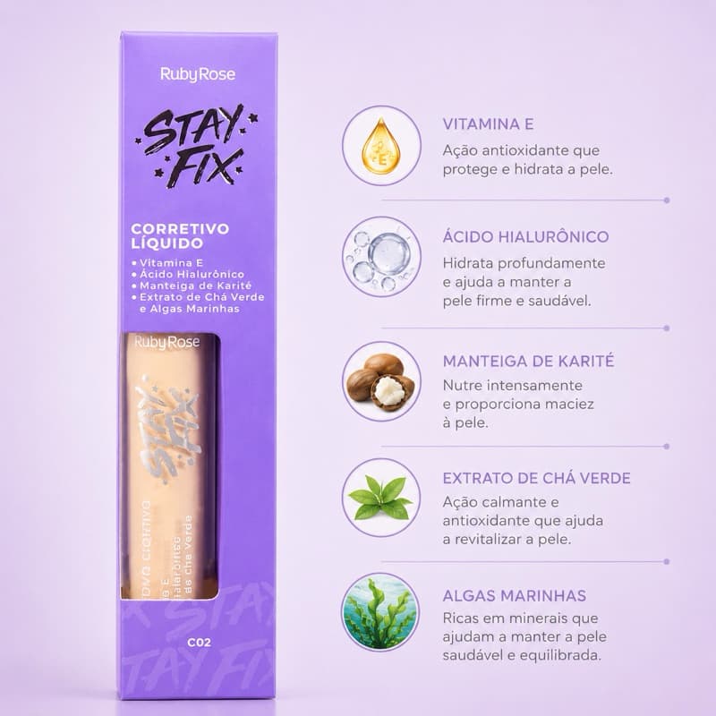 Corretivo Líquido Stay fix Ruby Rose- Alta cobertura