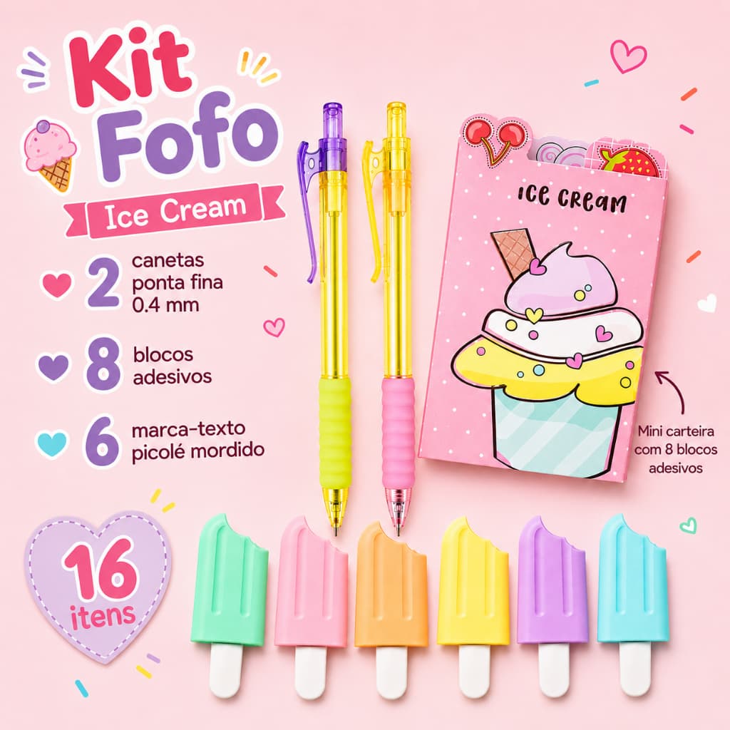Kit Papelaria Fofa – 2 Canetas Gel 0.5 mm Preta + 8 Mini Blocos Adesivos + 6 Marca-Texto Presente