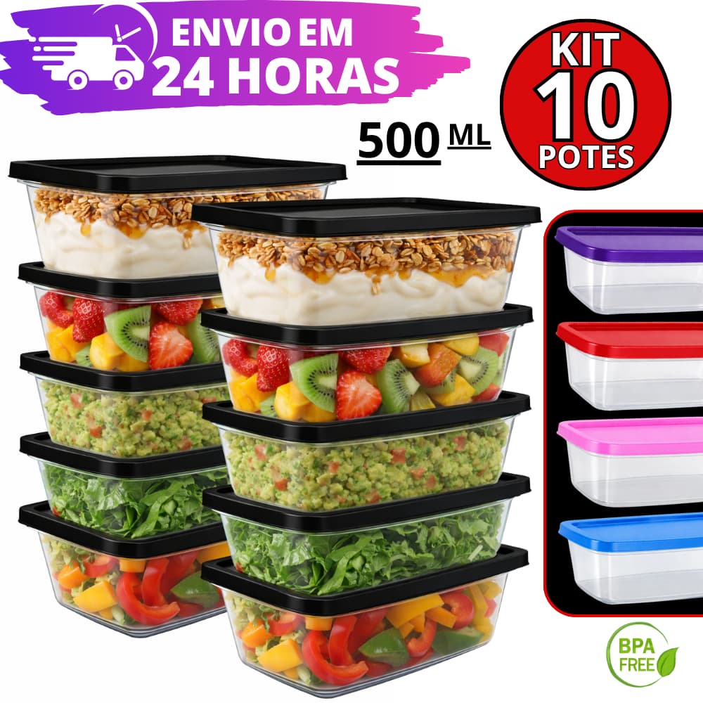 Kit 10 Potes Transparentes Marmita 500 ml Para Freezer e Microondas  BPA Free Organizador