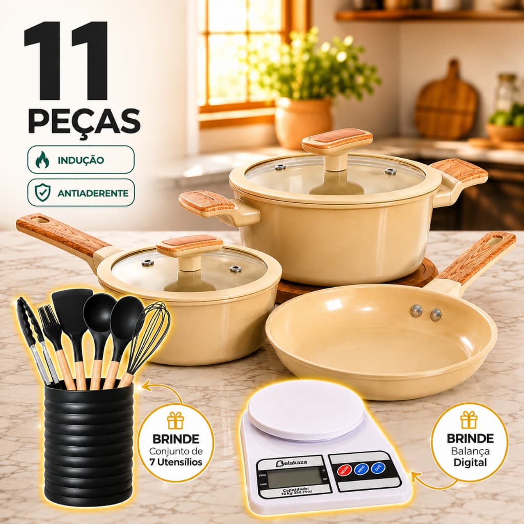 Jogo Panelas Bege com Tampa Kit Utensilios de Brinde Conjunto Caçarola Frigideira Kit Cerâmico Antiaderente