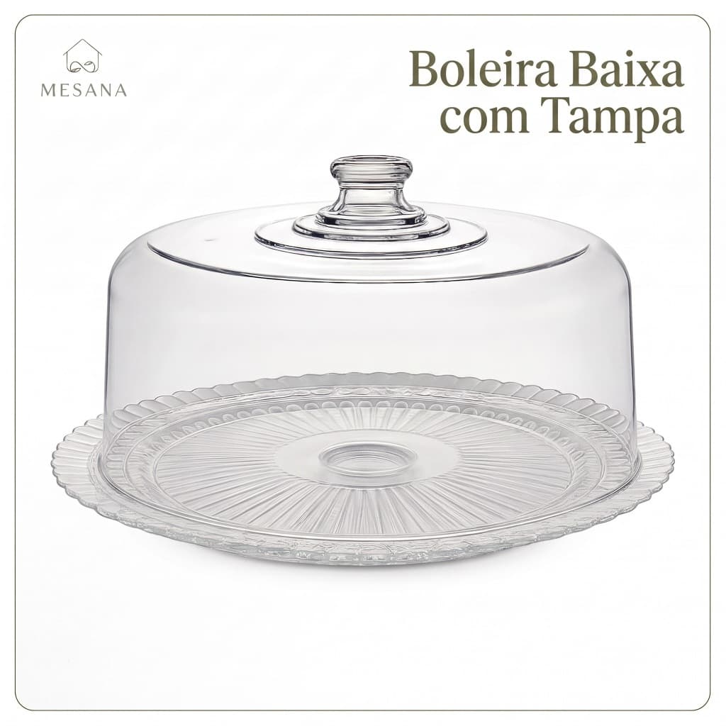 Boleira Baixa Luxuosa com Tampa Acrílica para Bolo Tortas Doces Vidro Ruvolo Viena