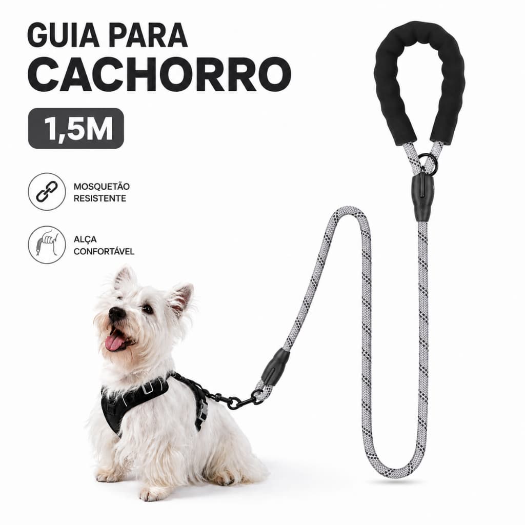 Guia Refletiva para Cachorro 1,5m com Alça Confortável Mosquetão 360° Reforçada para Passeio