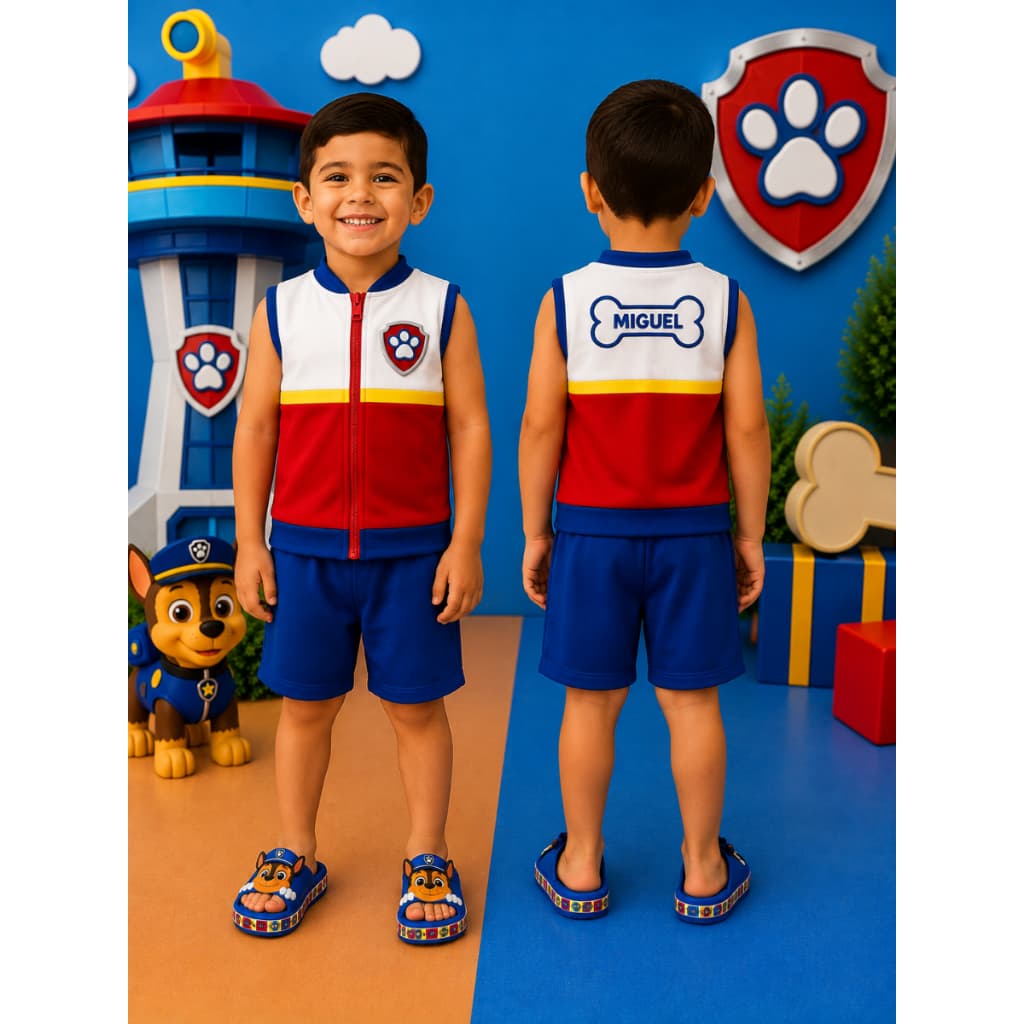 Kit Fantasia Infantil Ryder Personalizado + Chinelo Slide Chase Roupa Conjunto C/Nome Sapato Leve e Confortável