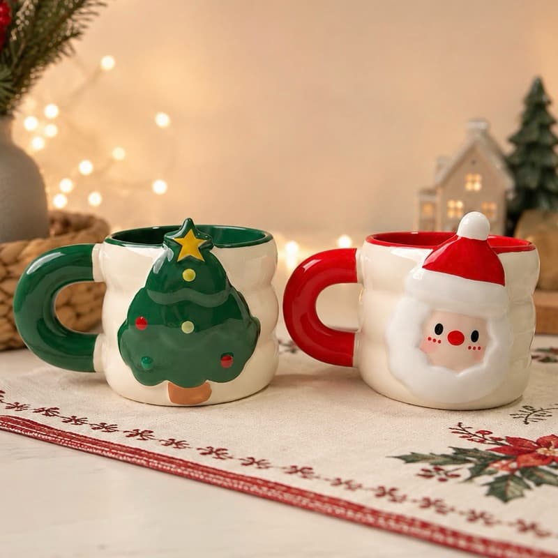 Caneca De Natal Em Cerâmica 340ml – Xícara De Natalina Papai Noel E Arvore De Natal