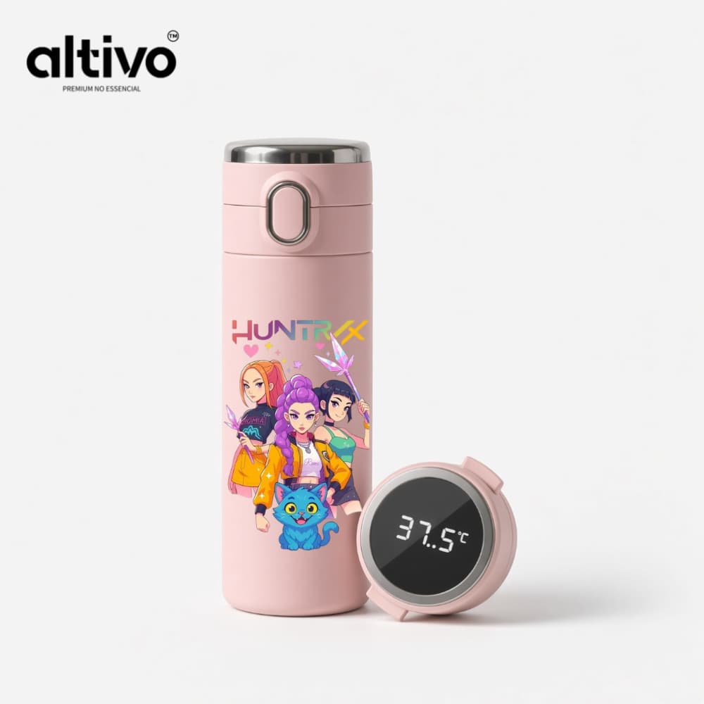 Garrafa Térmica Infantil Netflix Guerreira dos Kpop Huntr/X 420ml com Termômetro Digital em Aço Inoxidável
