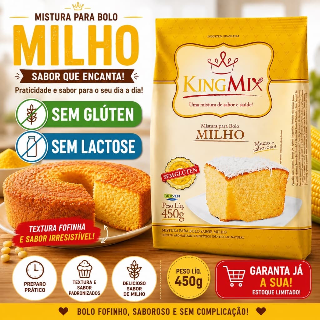 Mistura para Bolo Milho King Mix 450g Sem Glúten Sem Lactose