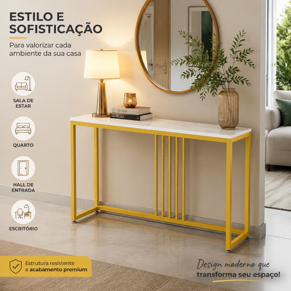 Aparador Dourado 120cm com Tampo Branco Marmorizado Mesa Console Moderna para Hall e Sala