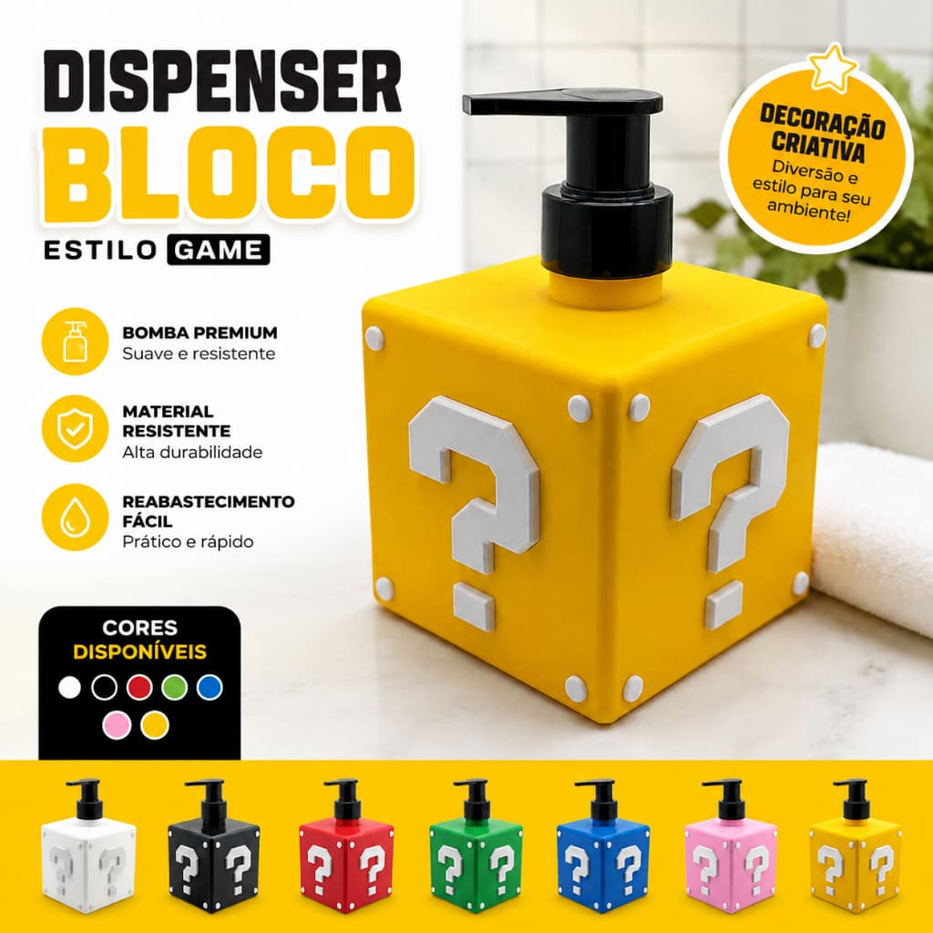 Dispenser Sabonete Líquido Bloco Interrogação Estilo Game Gamer Porta Sabonete Banheiro Lavabo Decoração Criativa