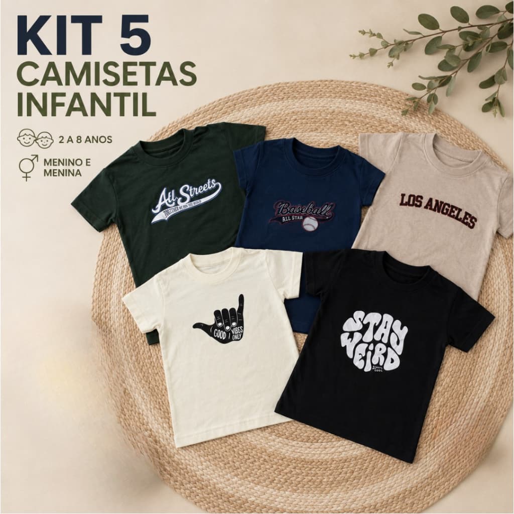 Kit 5 Camisetas Infantil SORTIDAS de 2 a 8 Anos Menino e Menina 100% Algodão Confortável Básica