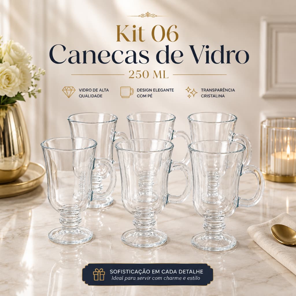 Kit 06 Caneca de Vidro 230 ml com alça cappuccino café elegante