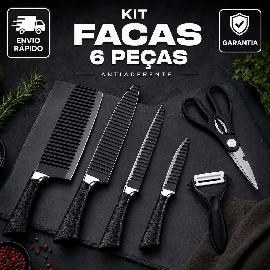 Conjunto de Facas Chef 6 Peças Antiaderente Preto: Cutelo, Faca de Carne, Legumes e Acessórios para Cozinha