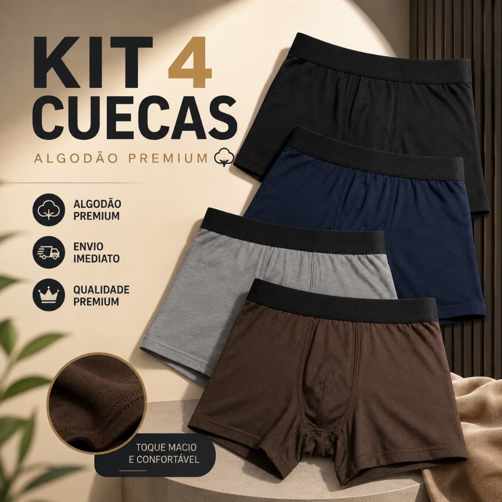 Kit 4 Cueca Boxer Algodão Premium com Elastano Varias cores, não pinica