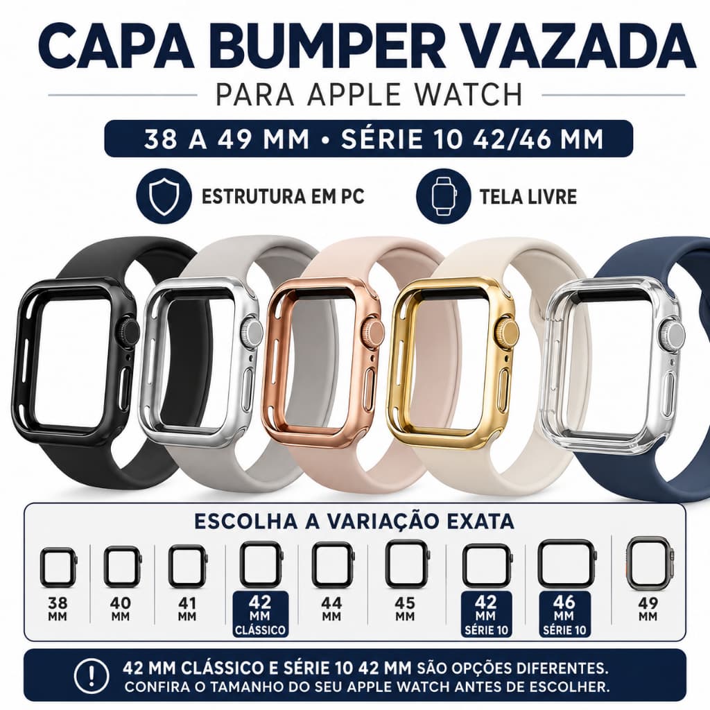 Capa Bumper Vazada para Apple Watch 38 40 41 42 44 45 49mm Série 10 42 46mm PC