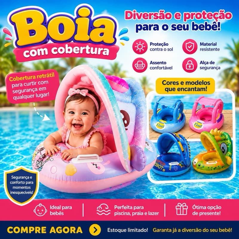 Boia Infantil Inflável Cobertura e Assento para Bebes Resistente para Praia/ Piscina e Muita Diversão. Pronta Entrega