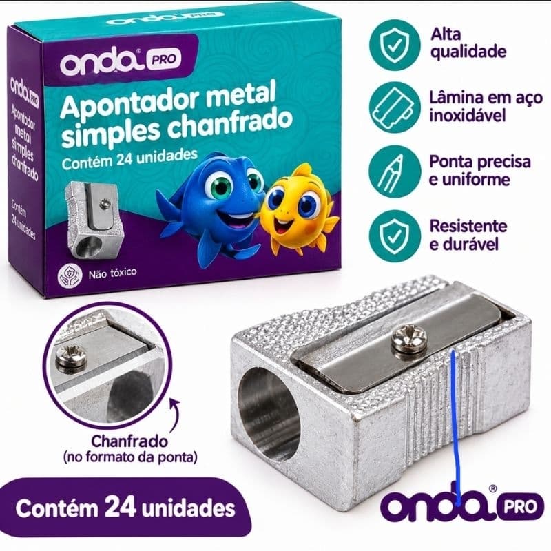 Apontador de Lápis Metal Onda PRO Chanfrado Escolar Resistente Caixa com 24 Unidades