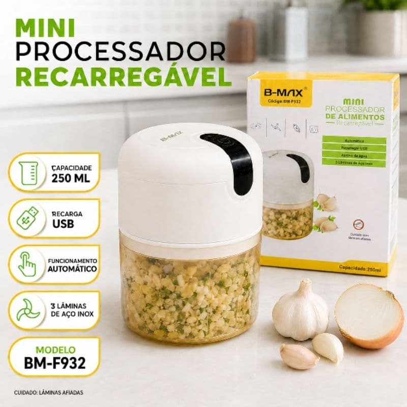 Mini Processador de Alimentos Elétrico Recarregável B-MAX BM-F932 250 ml com 3 Lâminas de Aço Inox