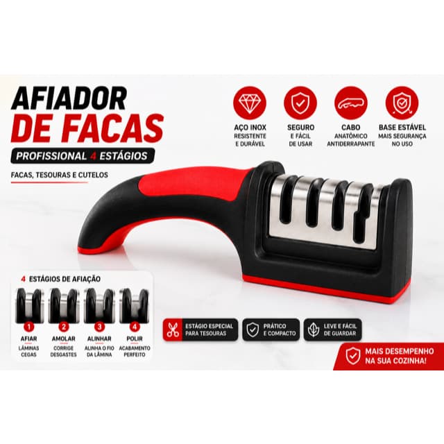Afiador de Facas Profissional Amolador de Facas Tesouras e Cutelos cozinha churrasco Aço Inox 4 em 1