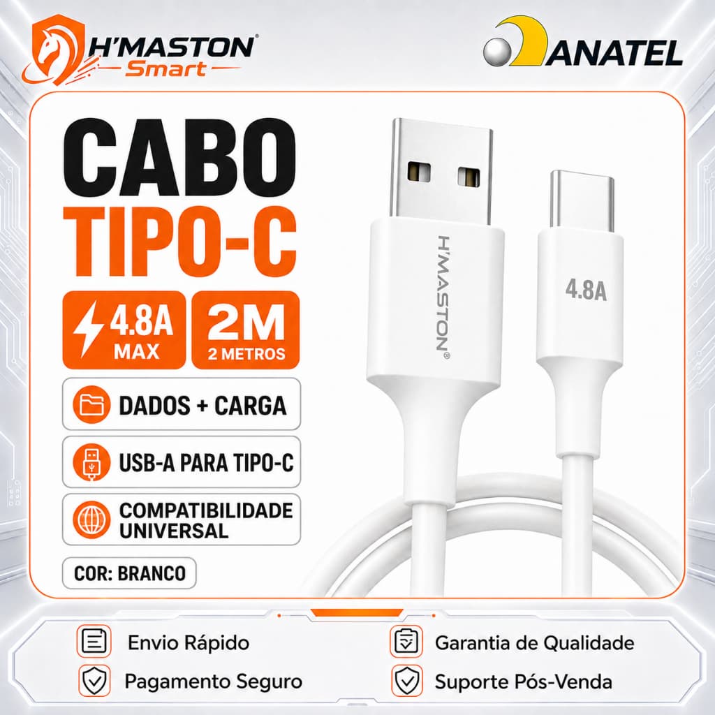 H'MASTON H109-3 Cabo Usb Tipo c Turbo Cabo Tipo c Turbo Cabo Tipo c 2 Metros Cabo Carregador Tipo c