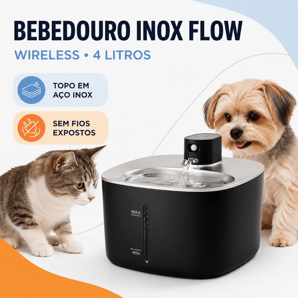 Fonte Bebedouro Pet Sem Fio 4L para Cães e Gatos com Bandeja de Inox Preta e Filtro