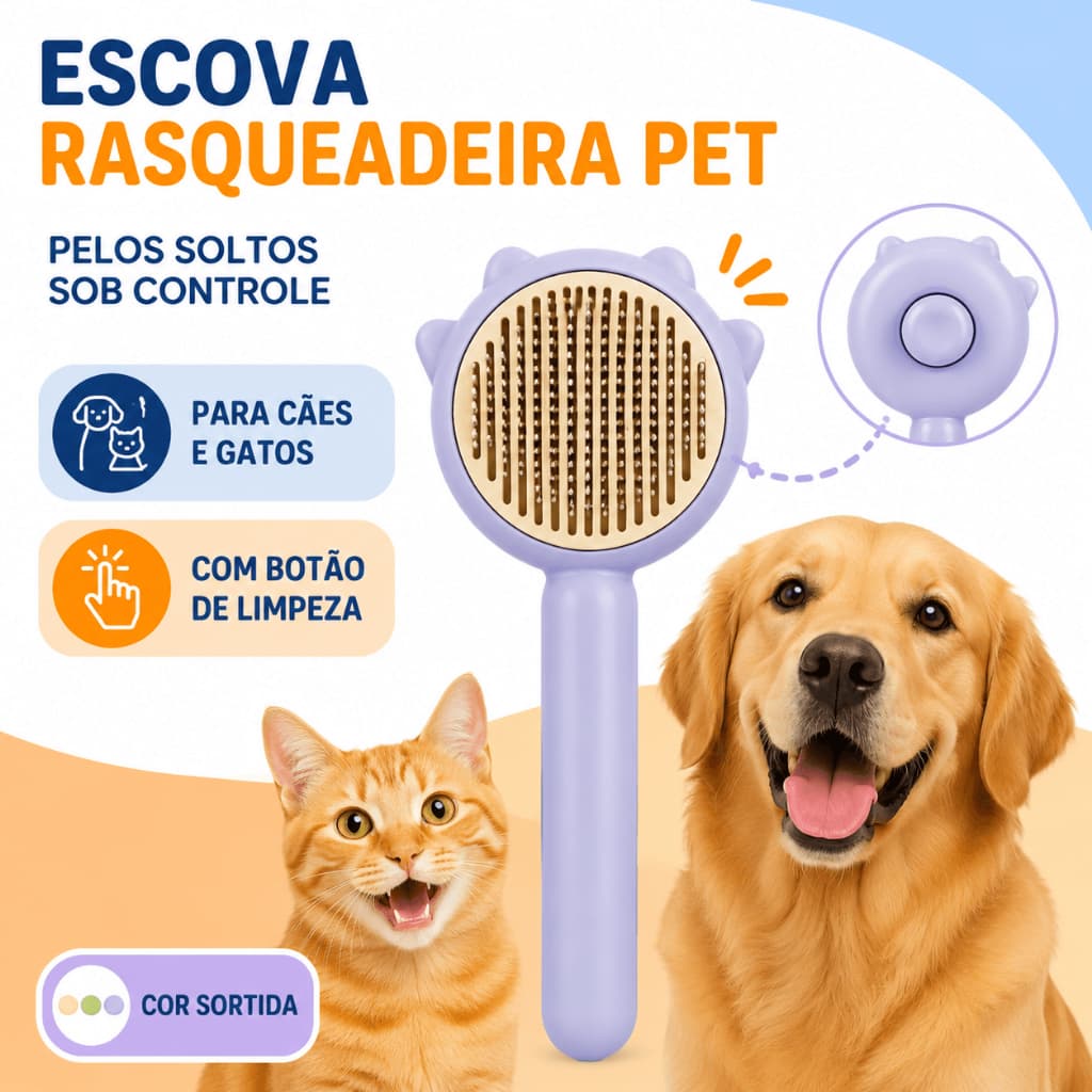 Escova Rasqueadeira Pet Tira Pelos Mortos e Subpelos para Cães e Gatos Cabo Antiderrapante