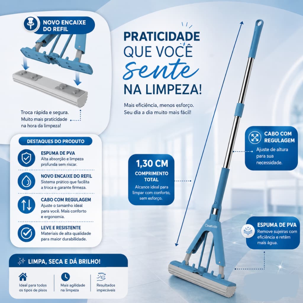 Rodo de Limpeza Mop Limpeza Fácil Com Espuma Enxuga E Varre Vassoura Limpa Seca Centrifuga