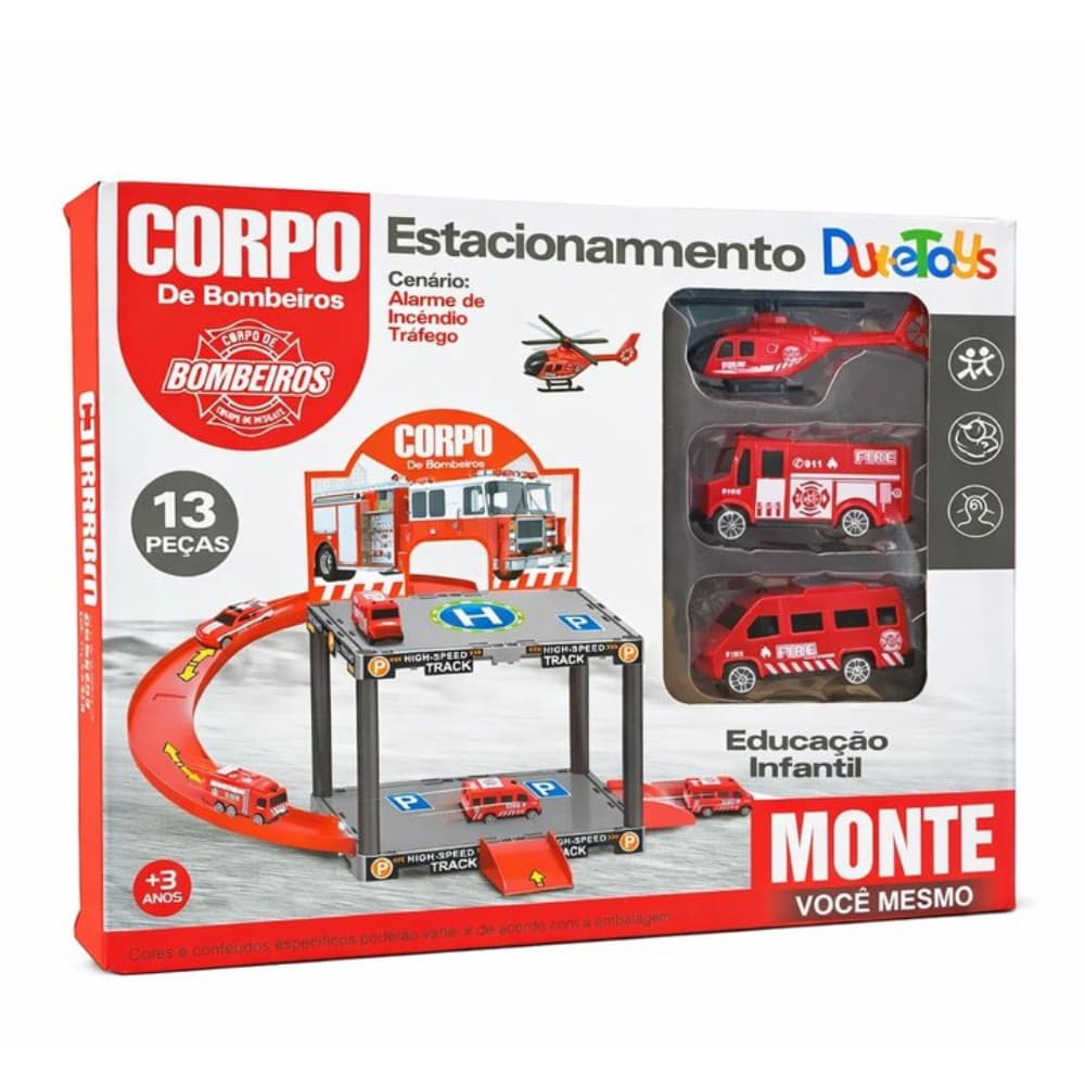 Estacionamento Corpo de Bombeiros Infantil 13 peças com Pista Garagem Helicóptero e Carrinhos