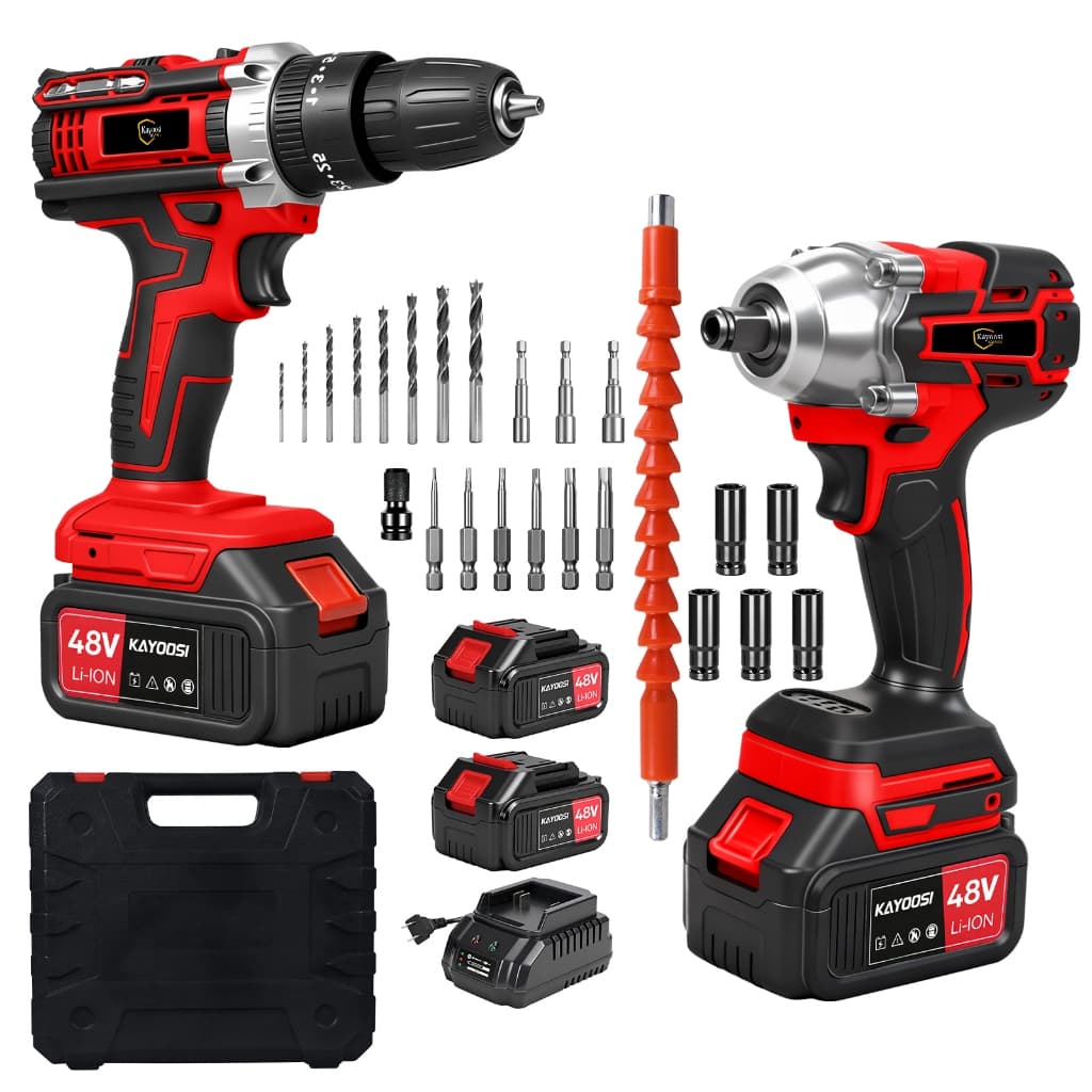 Kit Furadeira Parafusadeira e Chave de Impacto 1/2 500Nm Brushless Sem Fio 48V 2 Baterias 4000mAh Maleta KAYOOSI