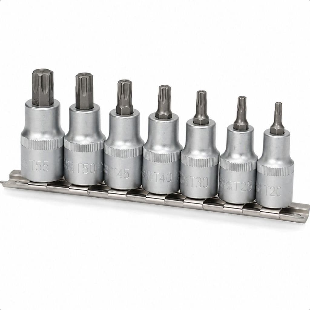 Kit Jogo 7 Soquetes Bits Torx Curto T20 a T55 Encaixe 1/2 Aço Cr-V EDA Profissional