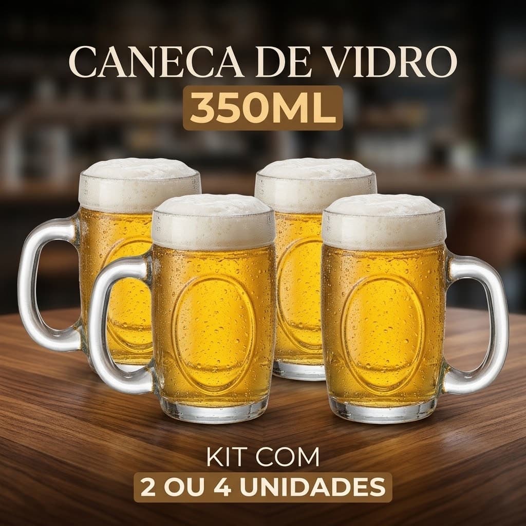 Kit Caneca de Vidro para Cerveja 350ml – 2 ou 4 Unidades | Copo de Vidro para Chopp, Cerveja e Bebidas