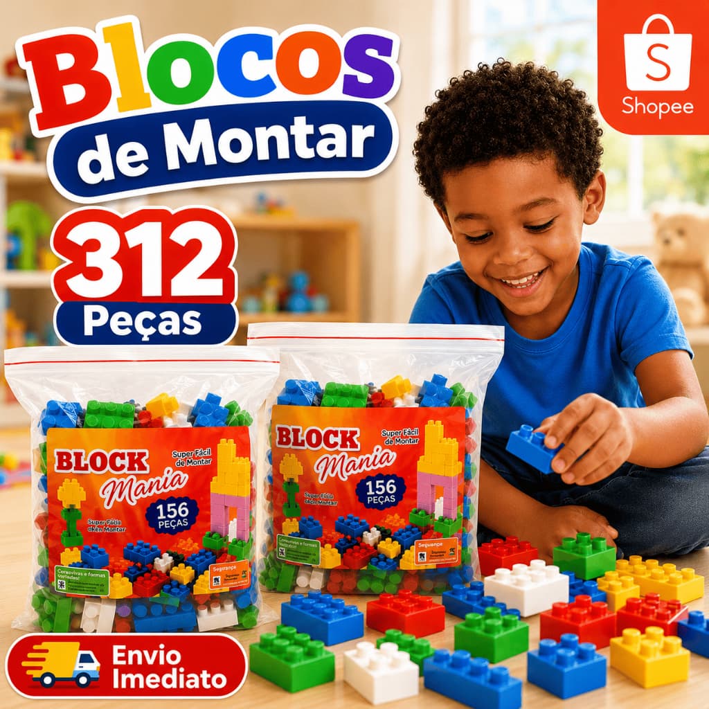 Kit Brinquedos Bloco De Montar 312 Peças Coloridas No Saco Ziplock Educativo Indicado Criança 3 Anos Presente Infantil