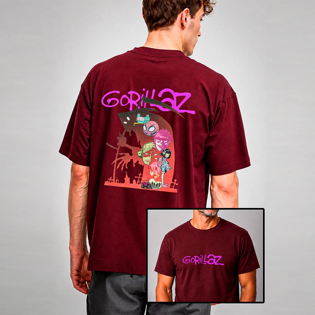 Camiseta Gorilllaz Frente e Costas Foice Banda Personagens 100% Algodão Unissex Streetwear