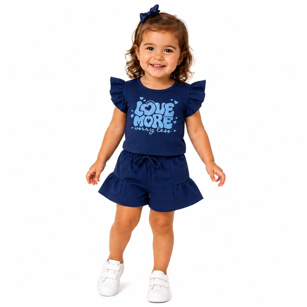 Conjunto Feminino Infantil 1 2 3 Anos Menina Estampado Glitter Manga Babado Moda Casual Look