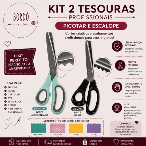 Kit 2 Tesouras De Picotar Lanmax Escalope + Zig Zag Corte Tecidos Papel