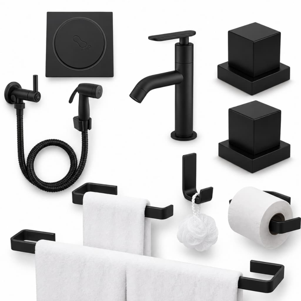 Kit Acessórios Banheiro Completo Preto Torneira Bica Alta Ducha Higiênica 2 Acabamentos Padrão Deca Ralo Click 10x10