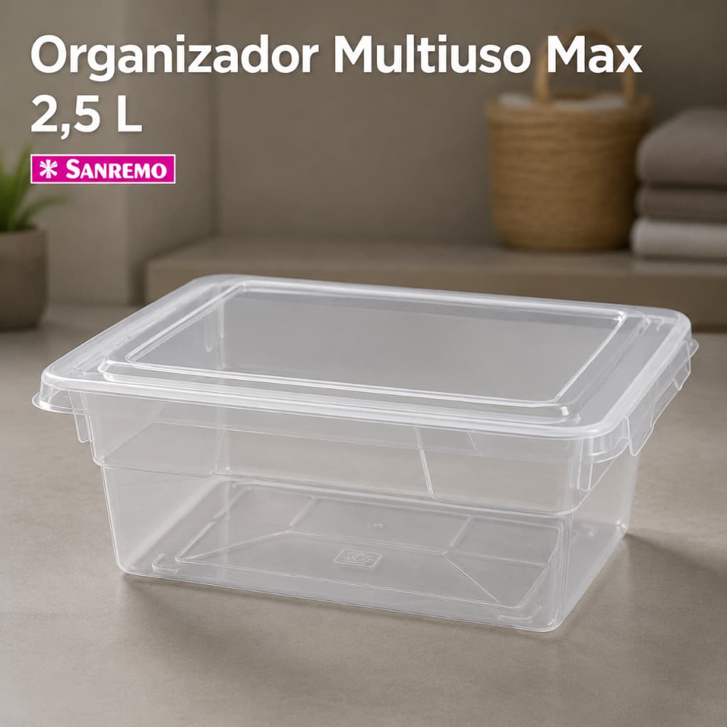 Kit 2 Caixas Organizadoras Sanremo Max 2,5L com Tampa Transparente Empilhável Multiuso