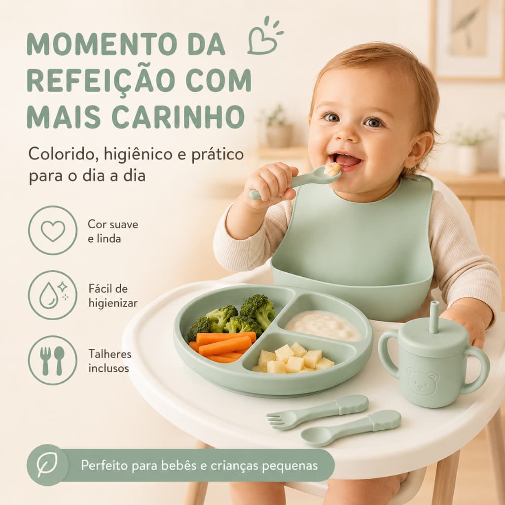 Kit alimentação bebê 8 peças silicone atóxico sem BPA |Prato com ventosa antiderrapante com ventosa antiderrapante, baba