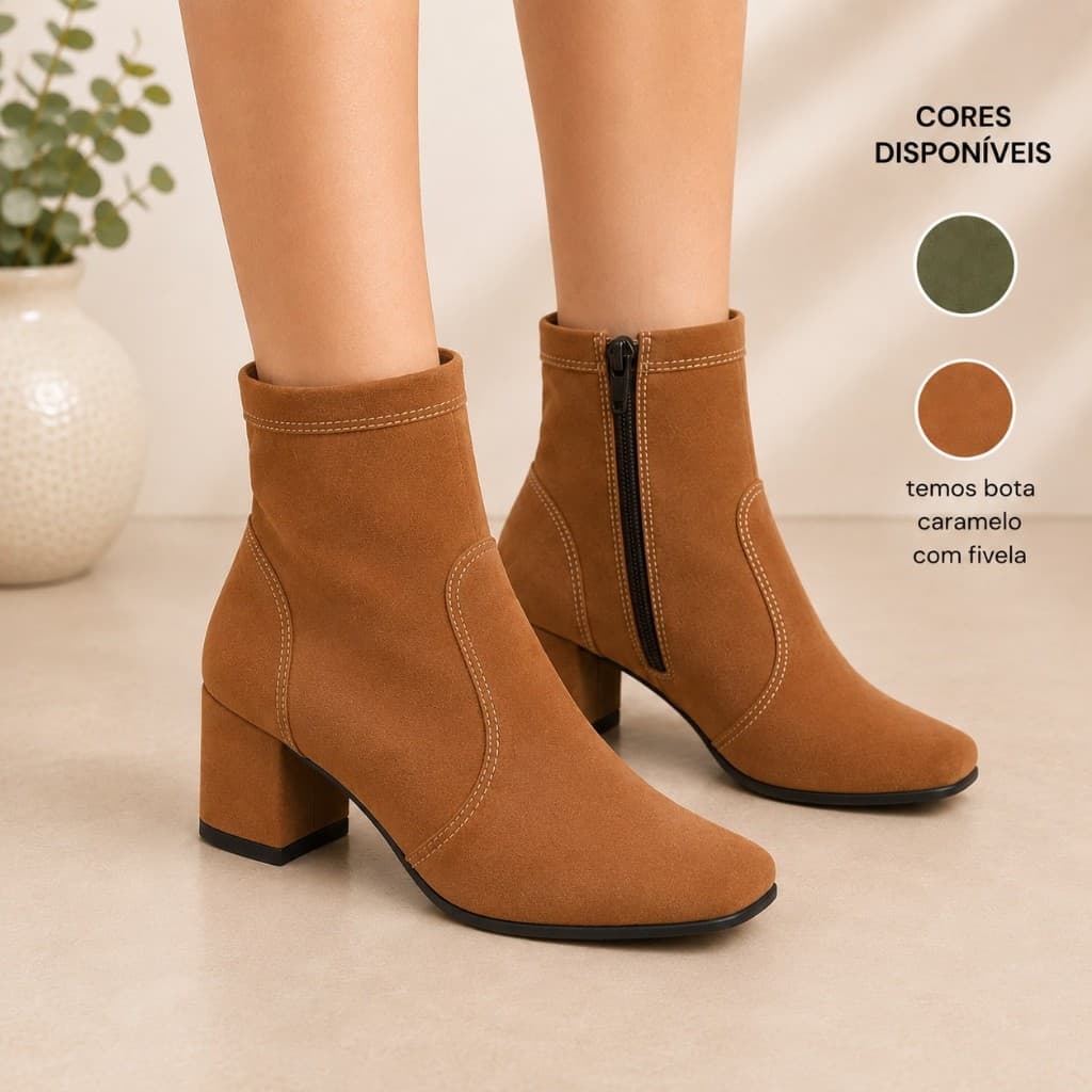 Coturno Feminino de Salto Bloco Leve Zíper Lateral Facil Calce Caramelo Botas Feminina Conforto
