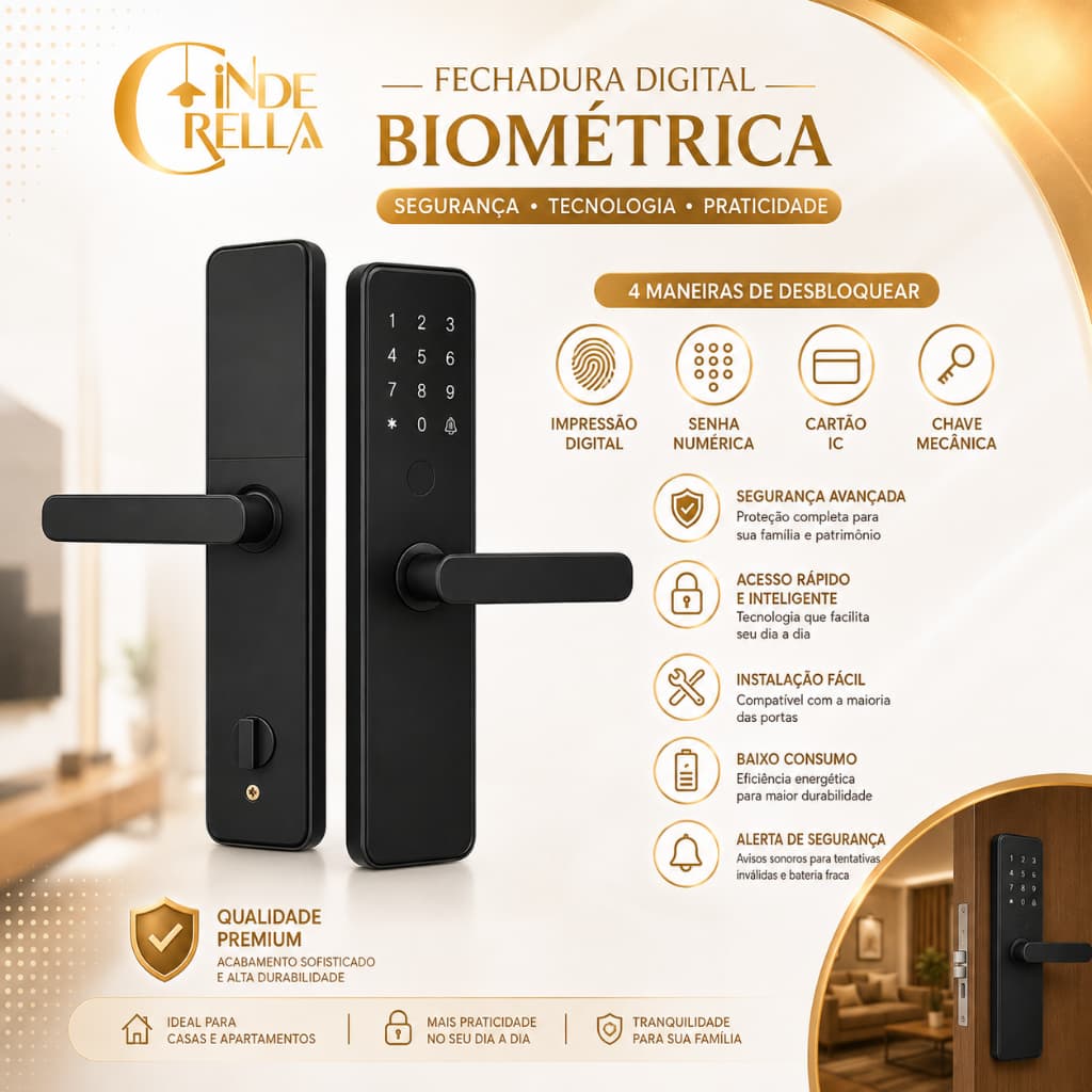 Fechadura Digital  Biométrica com Cartão, Senha Numérica e Chave Mecânica