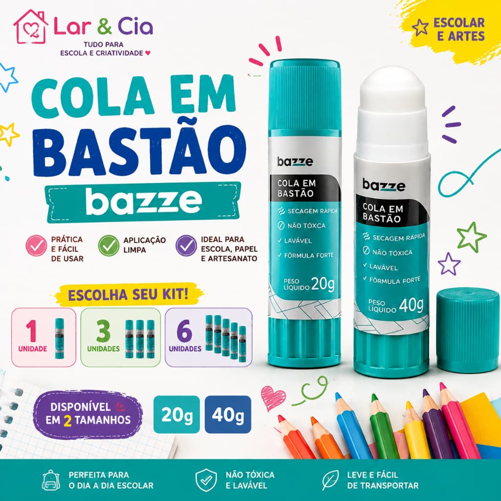 Cola Bastão Bazze Escolar 20g e 40g – Cola em Bastão para Papel, Escola e Artes | volta as aulas