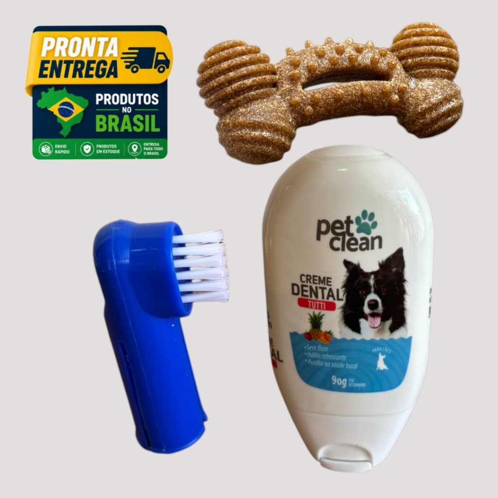 Kit Saúde Bucal Canina Pasta Creme Dental + Escova Dedeira De Dente + Mordedor de Fibra De Arroz